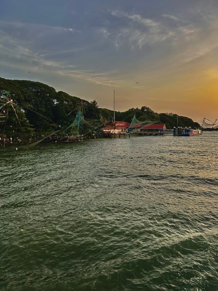 Fishing nets along the backwaters at sunset